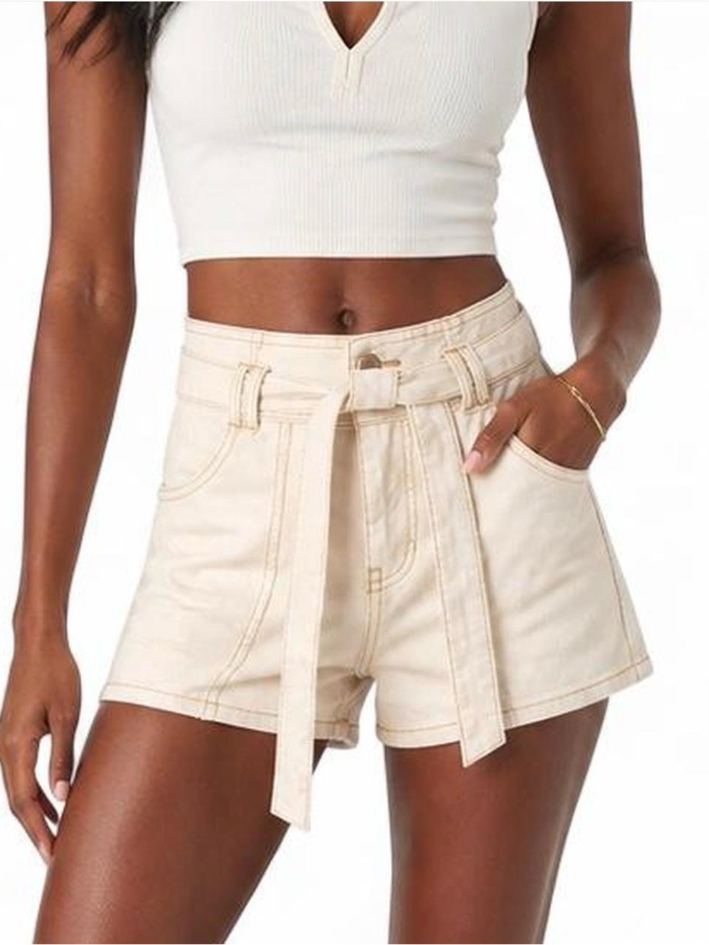 Ban. Jara High Waisted Tie Belt Shorts | Beige | Size 5/26